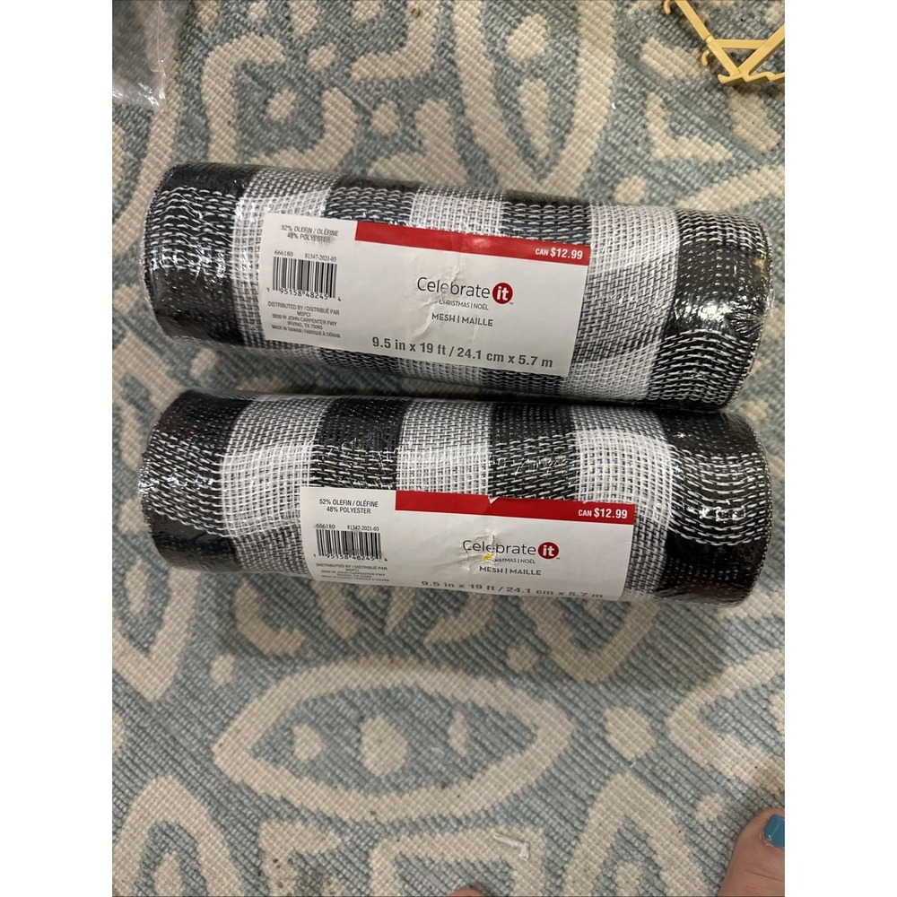 Lot 2 Poly Mesh Cotton Faux Jute Ribbon Buffalo Check‎ Plaid Black White Rolls